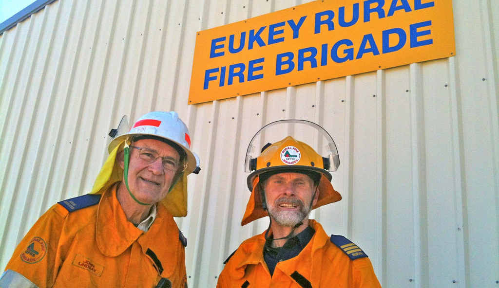 BE FIRE READY: John Lindsay and First Officer David Entermann at the Eukey Fire Brigade Shed. BE FIRE READY: John Lindsay and First Officer David Entermann at the Eukey Fire Brigade Shed.